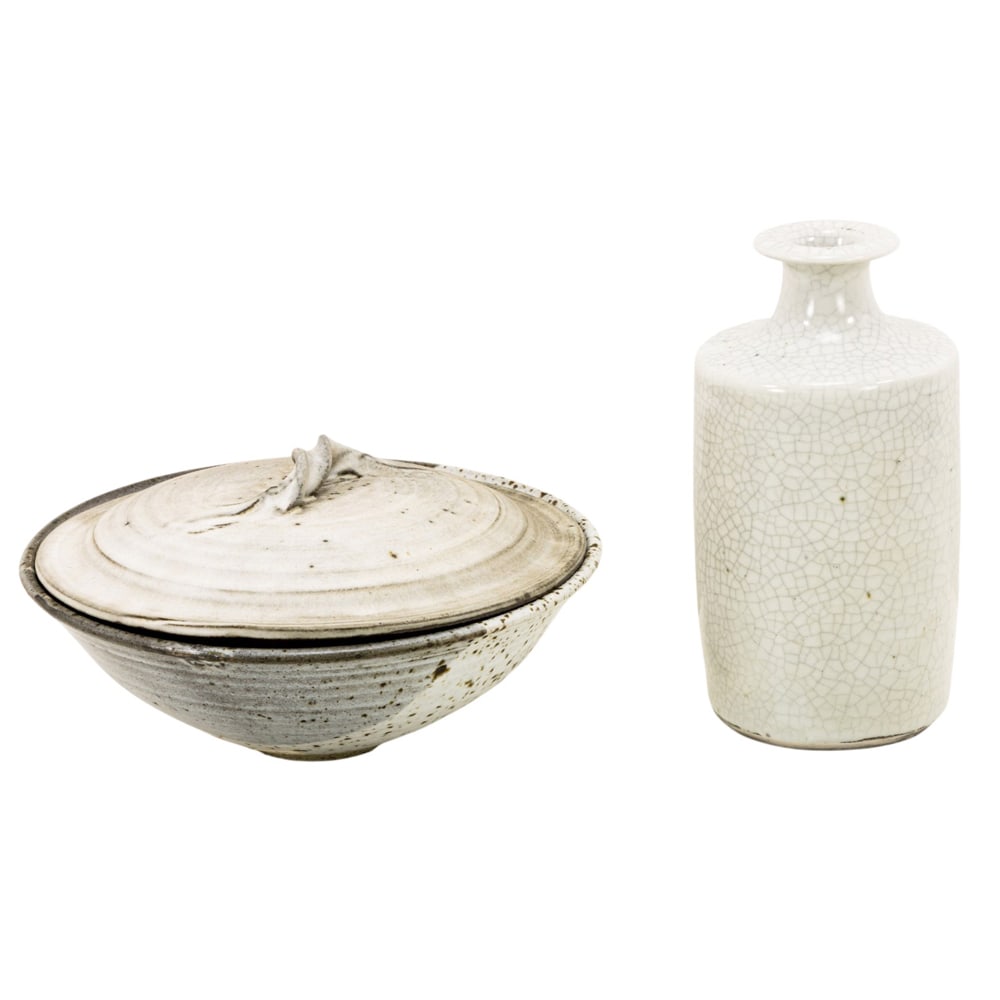 Ceraic Vessels, La Paz: (lot of 2) La Paz (American, 20th century), Gray Vessels, lidded ceramic bowl and vase, each stamped beneath, overall (for bowl): 5"h x 9.25"w x 9.25"d, overall (for vase): 8"h x 4"w x 4"d.