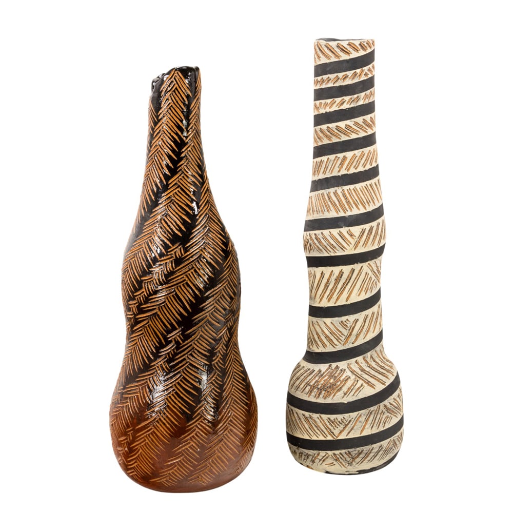 Ceramic Vessels, Arthur E. Nelson: (lot of 2) Arthur E. Nelson (American, 1942-1992), Untitleds, etched and glazed ceramic vessels, each signed beneath, overall (for taller): 24.75"h x 7"w x 7"d. Provenance: Property from the Private