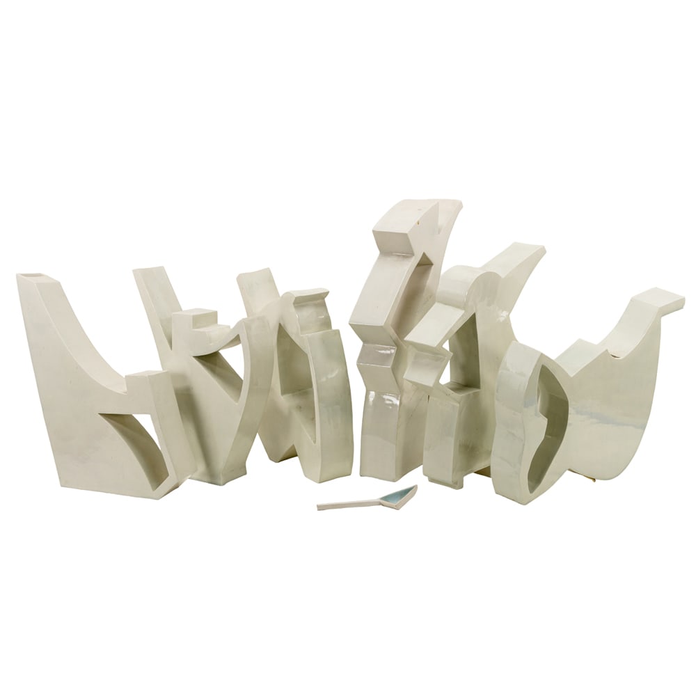 Porcelain Pitchers and Spoon, Birte Sputnik Walter: (lot of 7) Birte Sputnik Walter (20th/21st century), "Andere," "Leute," "Warum," "Rennen," "Torte," "Eben," and Spoon, porcelain pitchers, each labeled with artist name and title, overall (for