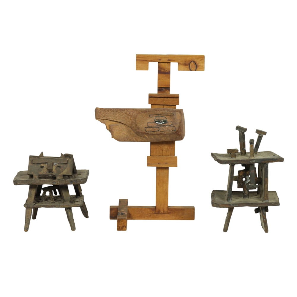 Sculptures, Richard Brennan: (lot of 3) Richard Brennan (American, 20th century), Untitleds, metal, ceramic, and wood sculptures, unsigned, overall (for largest): 15.5"h x 8"w x 8"d. Provenance: Property from the Private