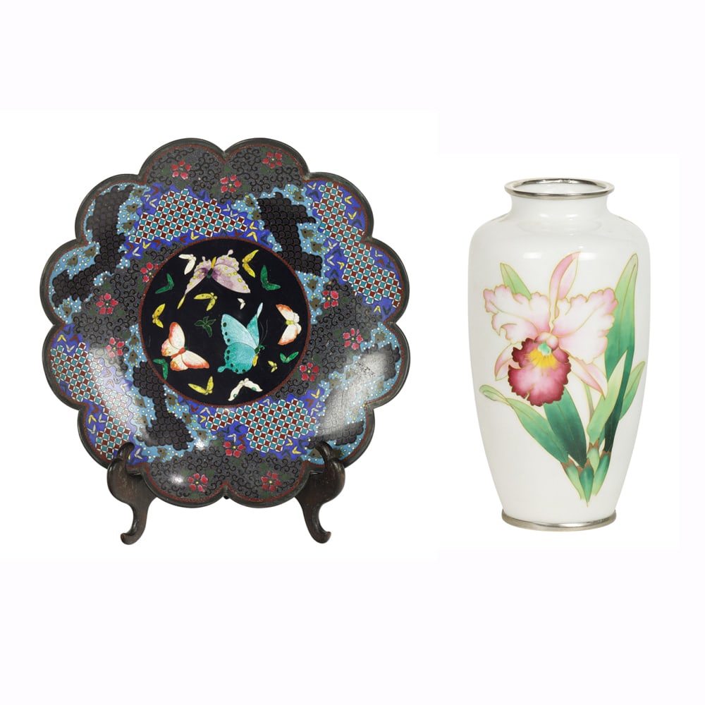 (lot of 2) Japanese cloisonne objects: (lot of 2) Japanese cloisonne objects. Comprising a dish and a vase, featuring butterfly and floral design, Meiji period, 9.875" across.
