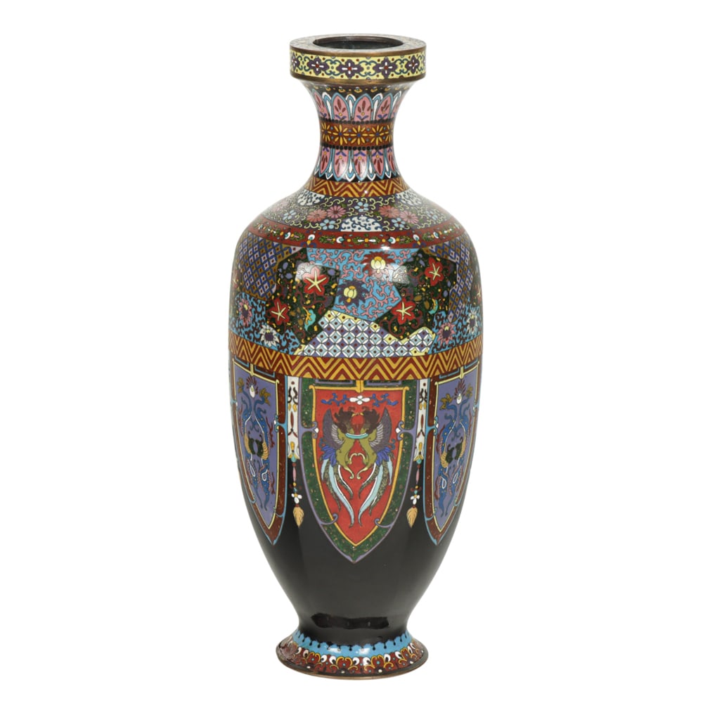 A Japanese cloisonne enamel vase: A Japanese cloisonne enamel vase. Featuring floral and bird design, Meiji period, 24.25" high.