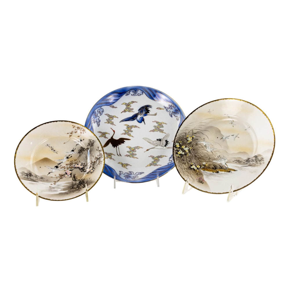 (lot of 3) Japanese enameled 'crane' porcelain dishes: (lot of 3) Japanese enameled 'crane' porcelain dishes. Meiji period, from 7.125" to 9" across.
