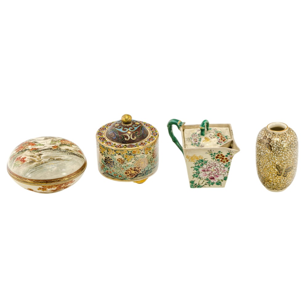 (lot of 4) Satsuma objects: (lot of 4) Satsuma objects. Comprising two cover boxes, a vase, and a teapot, depicting landscape motif, Meiji period, 3.5" tallest.