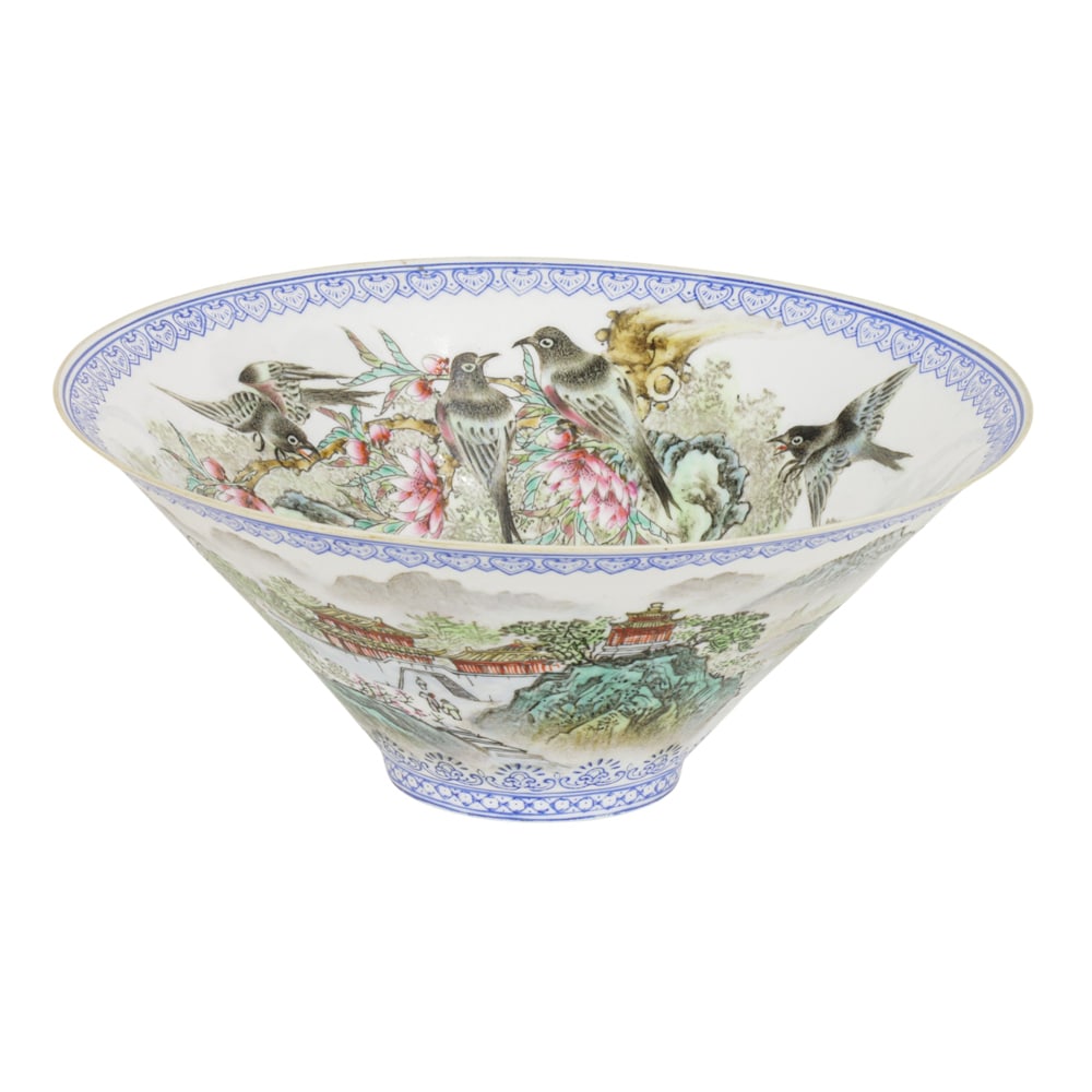 A Chinese famille rose eggshell bowl: A Chinese famille rose eggshell bowl. Featuring landscape and birds motif, bearing Jingdezheng mark, 7.25" across.