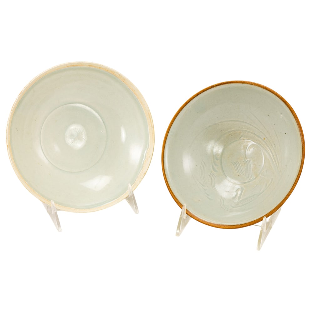 (lot of 2) Chinese qingbai glazed lotus-form bowls: (lot of 2) Chinese qingbai glazed lotus-form bowls. Late 19th century, from 6.75" to 7" across.
