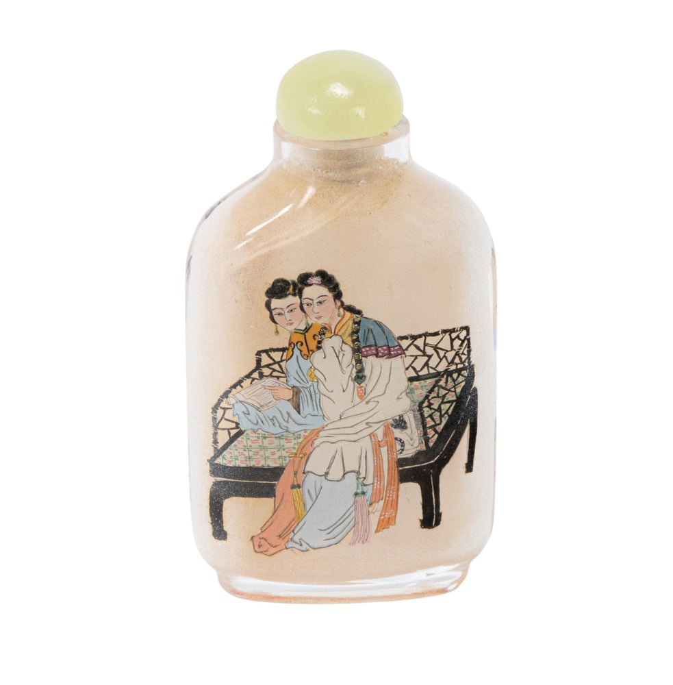 A Chinese inside painted snuff bottle attributed to Ma Shaoxuan(1867-1937): A Chinese inside painted snuff bottle attributed to Ma Shaoxuan(1867-1937). Depicting two beauties, with inscription, 2.5" tall.