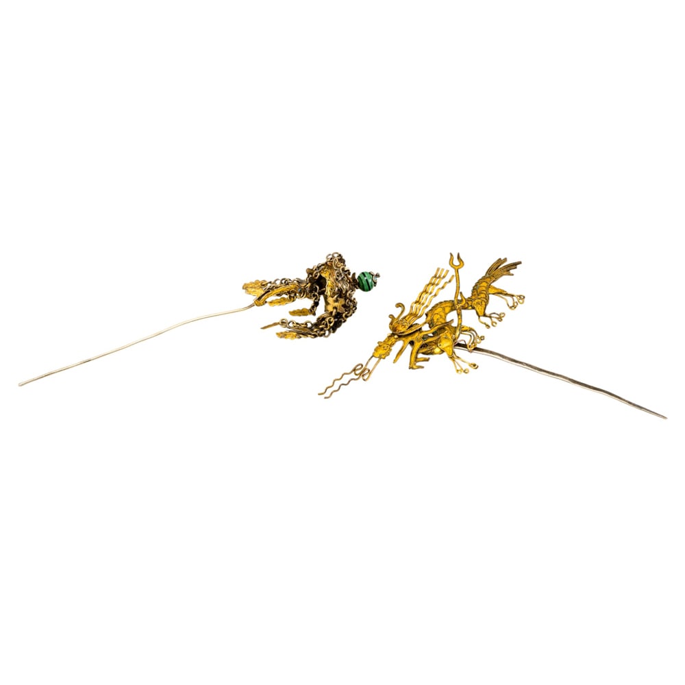 (lot of 2) Chinese and Tibetan gilt silver hair pins (1 of 3)