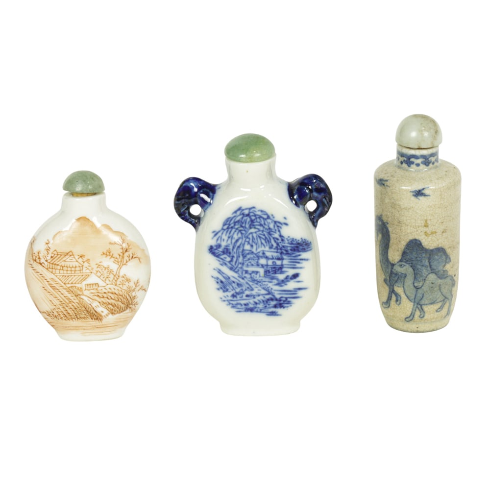 (lot of 3) Chinese porcelain snuff bottles: (lot of 3) Chinese porcelain snuff bottles. Featuring landscape and animal motif, 20th century, from 2.375" to 2.875" tall.