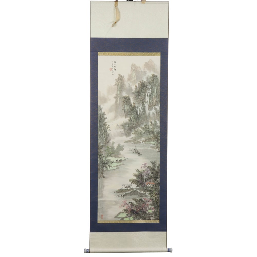 Chinese School (20th century) - Li River: Chinese School (20th century) - Li River. Hanging scroll, ink and color on paper, titled, dated, signed and sealed, 49"h x 18.5"w.