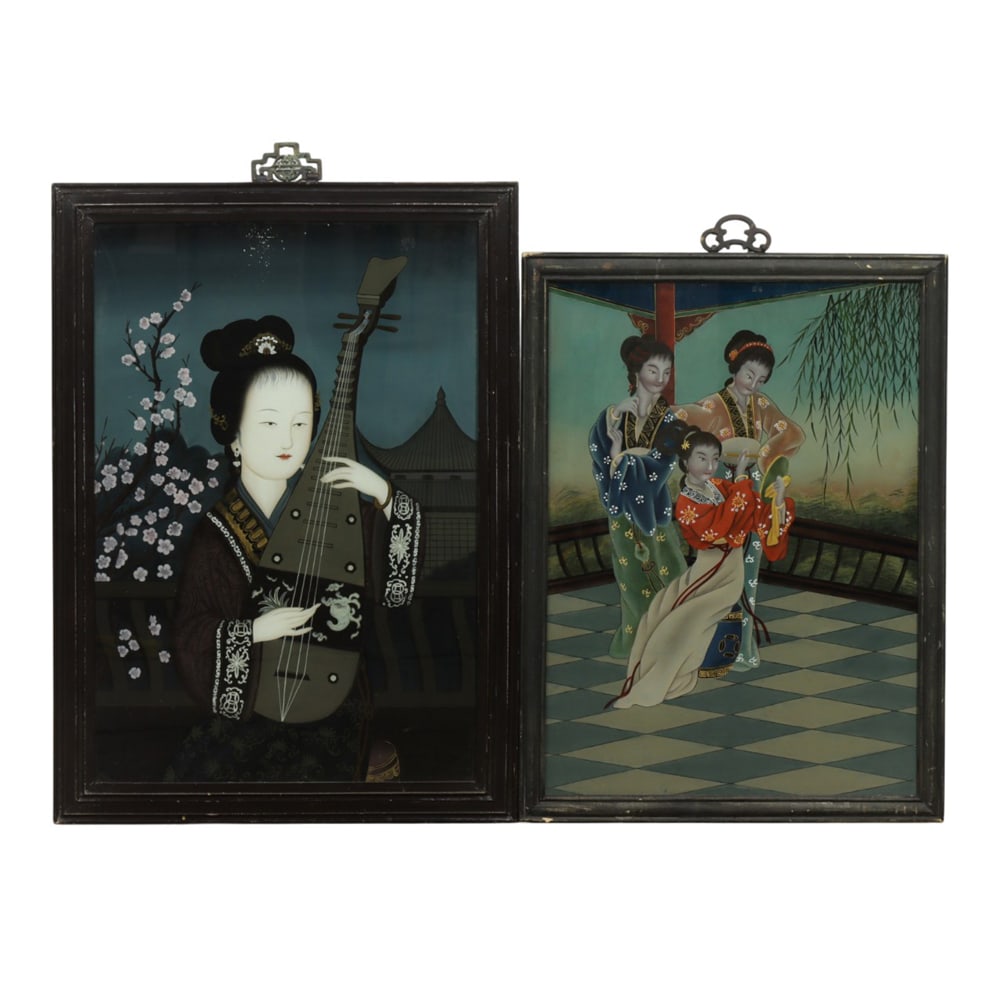 (lot of 2) Chinese reverse glass painted wall panels: (lot of 2) Chinese reverse glass painted wall panels. 20th century, 25.5"h x 19"w and 29"h x 21"w.