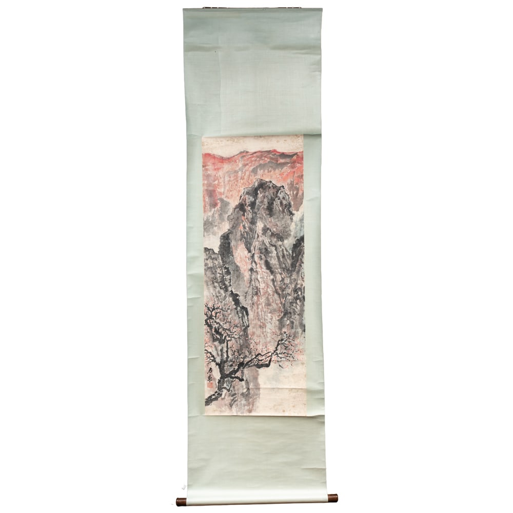 Style of Shi Lu - Landscape: Style of Shi Lu - Landscape. Hanging scroll, ink and color on paper, signed, sealed, 53"h x 19.5"w.