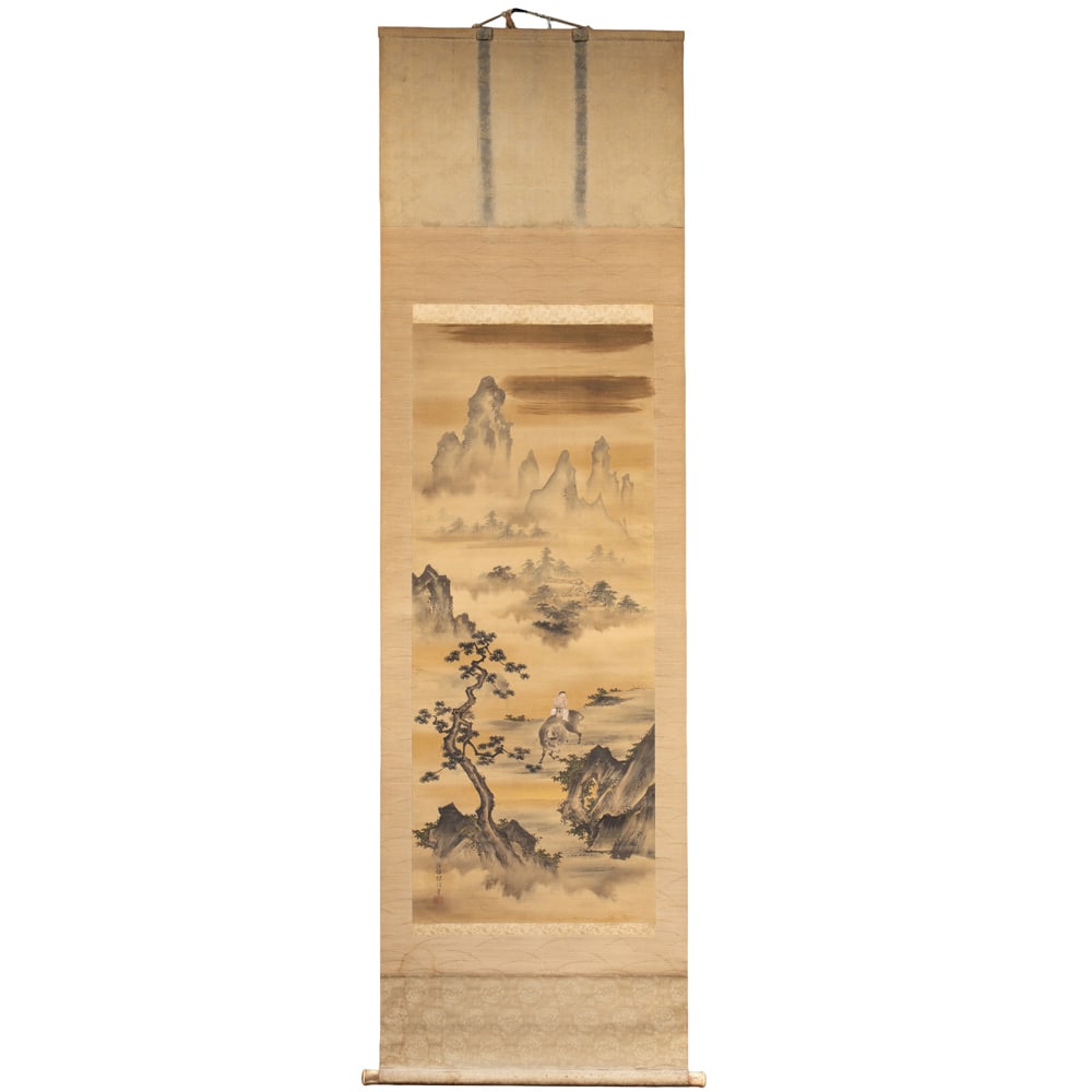 Attributed to Kano Tanshin (1653-1718) - Boy Playing Flute and Riding Buffalo: Attributed to Kano Tanshin (1653-1718) - Boy Playing Flute and Riding Buffalo. Hanging scroll, ink and color on paper, 42.375"h x 17"w.