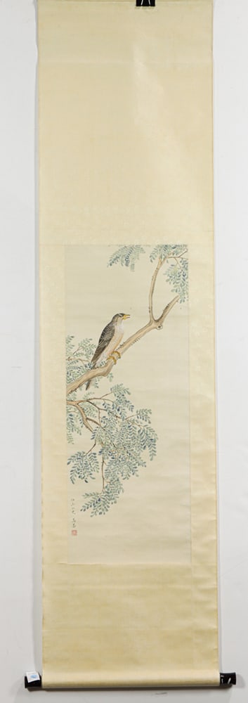 In the Style of Ma Quan (1669-1722) - Hawk: In the Style of Ma Quan (1669-1722) - Hawk. Hanging scroll, ink and color on silk, inscribed, signed and with one seal, image: 33"h x 12.75"w. Provenance: Property from the estate of Frank Caulfield I