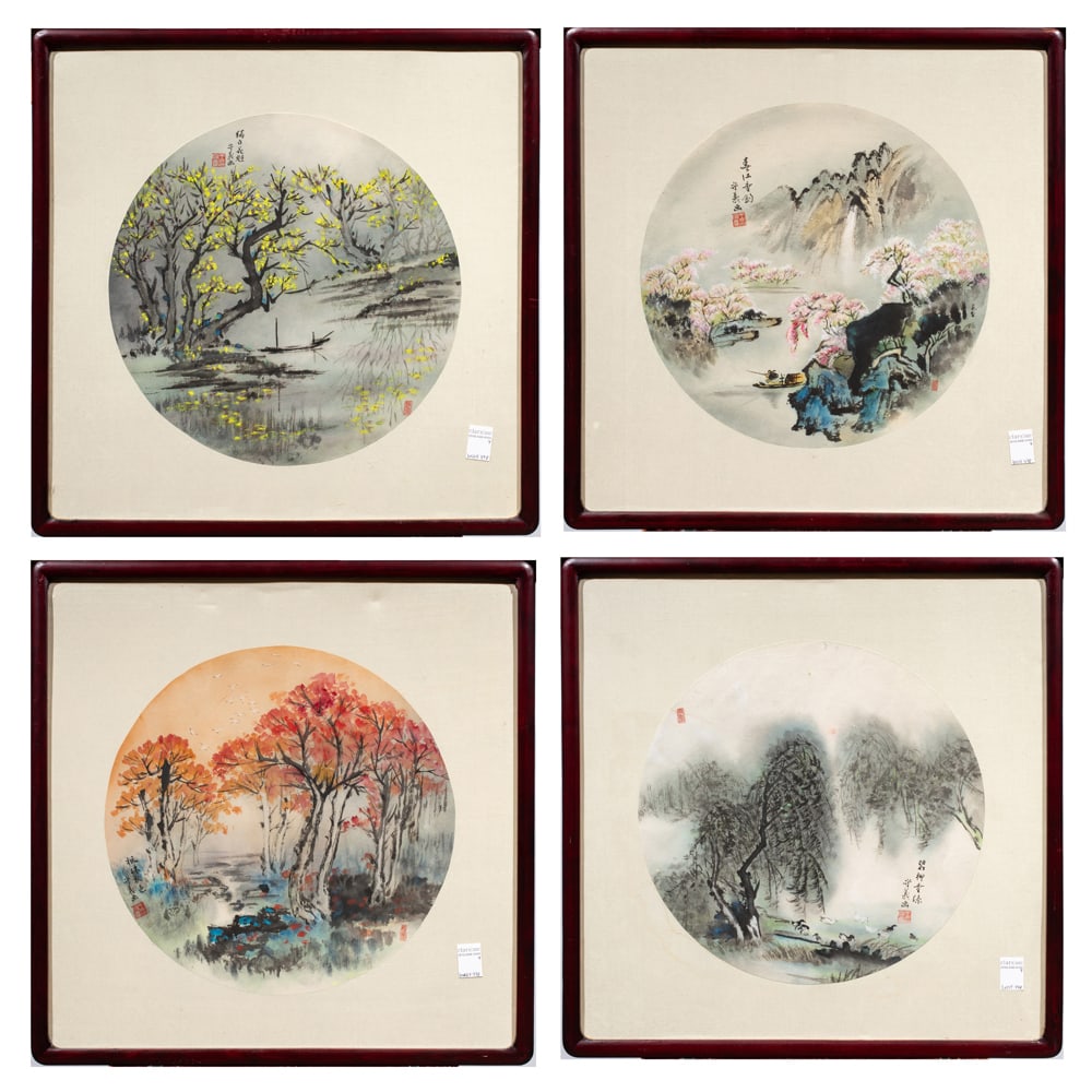 (lot of 4) Chinese School- Four Seasons: (lot of 4) Chinese School- Four Seasons. Ink and color on paper, framed and glazed, signed, sealed, 18.125"h x 18.125"w.