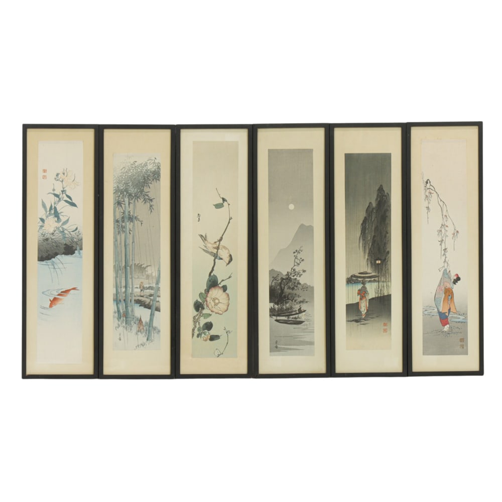(lot of 6) Japanese woodblock prints by Yoshimoto Gesso (1881-1936) and Shoda Koho (1870-1946): (lot of 6) Japanese woodblock prints by Yoshimoto Gesso (1881-1936) and Shoda Koho (1870-1946). Bird and Flower, Moonlight Fishing, Rain over Bamboo, Walking in the Rain, Girl Reaching for a Branch, a