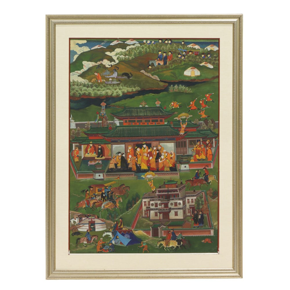 A Tibetan thangka: A Tibetan thangka. 19th century, framed, 33.5"h x 23.5"w excluding the frame.