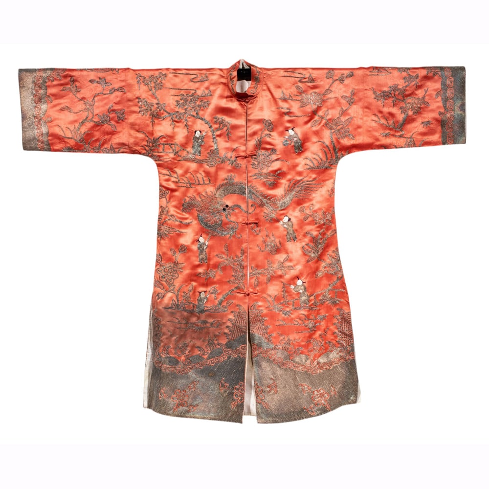 A Chinese embroidered silk coral-ground robe (1 of 2)