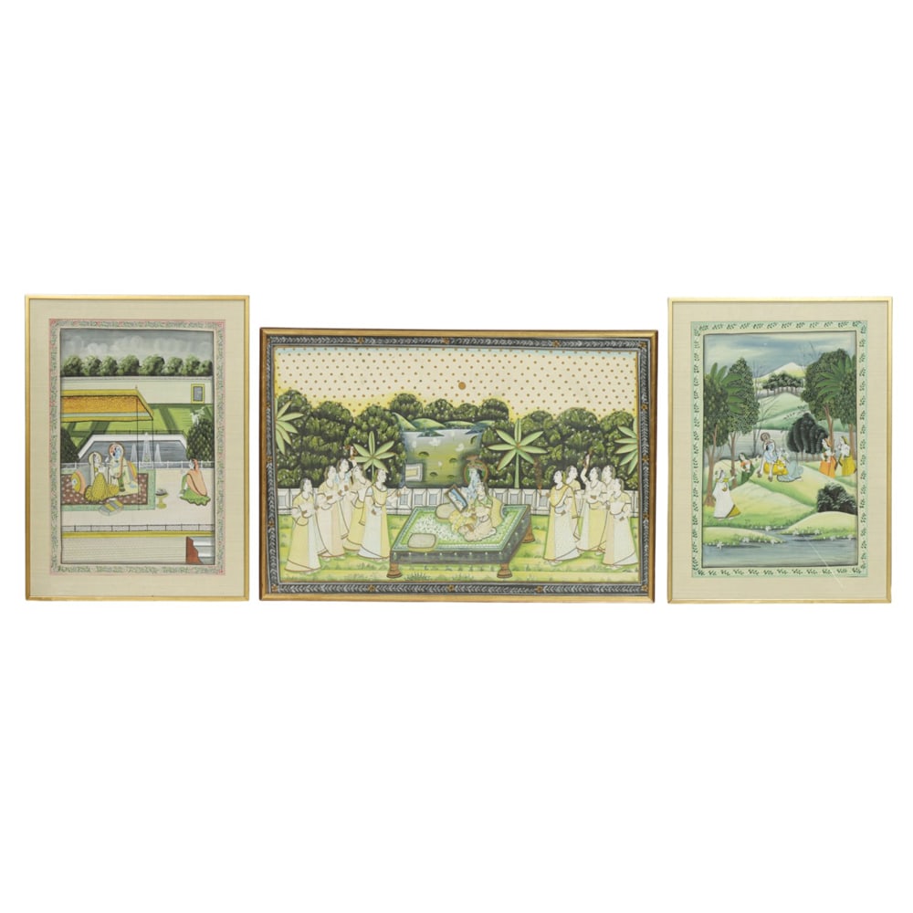 South asian works on paper, gouache: (lot of 3) Indian court paintings. Gouache on paper, framed and glazed, 27.5"h x 19"w and 28"h x 41"d.