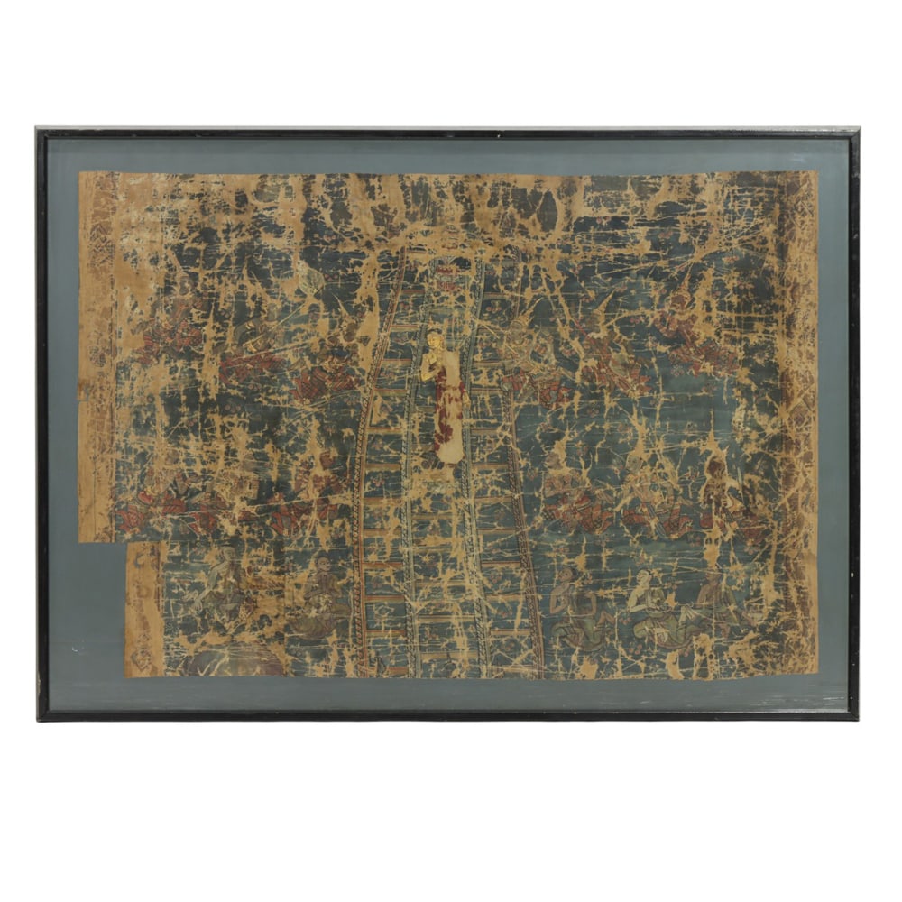 A Southeast Asian Buddhist painting: A Southeast Asian Buddhist painting. Ink and color on cloth, 19th century, framed and glazed, 28.5"h x 42"w excluding the frame.