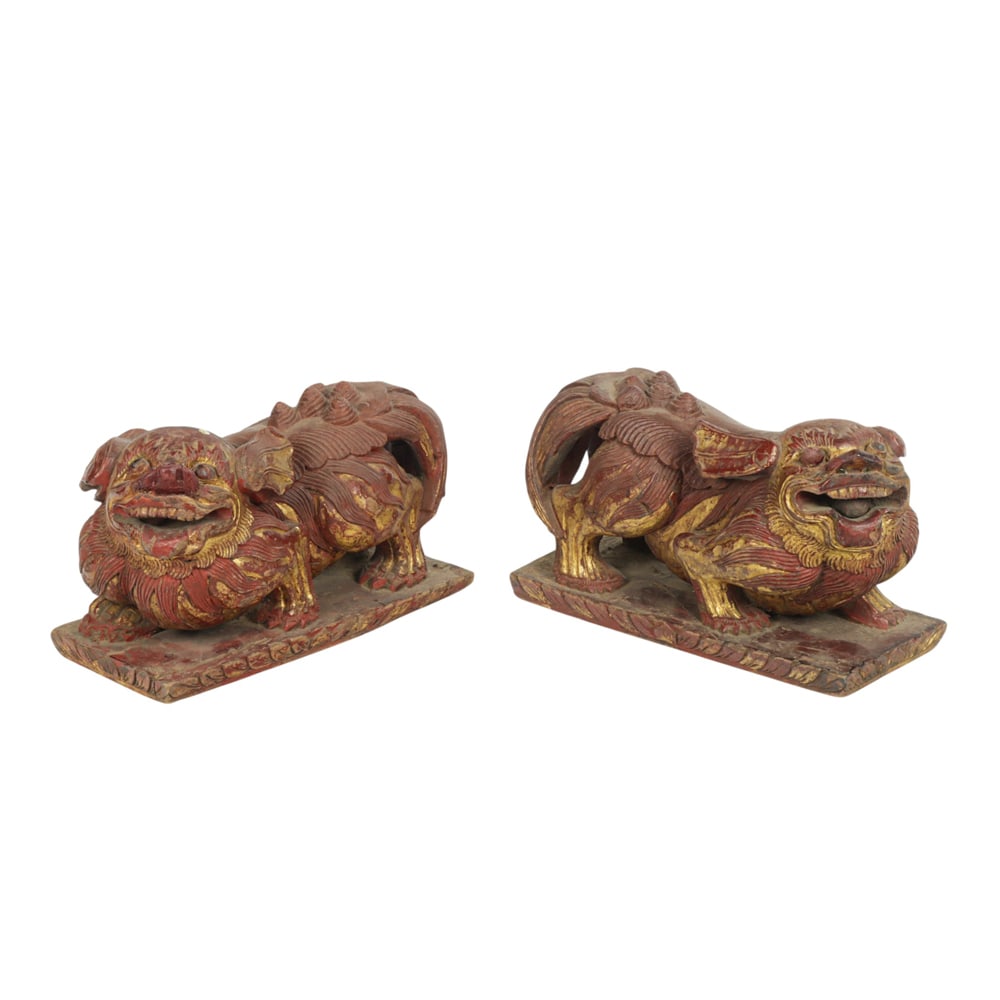 (lot of 2) Chinese gilt painted wood guardian lions (1 of 1)