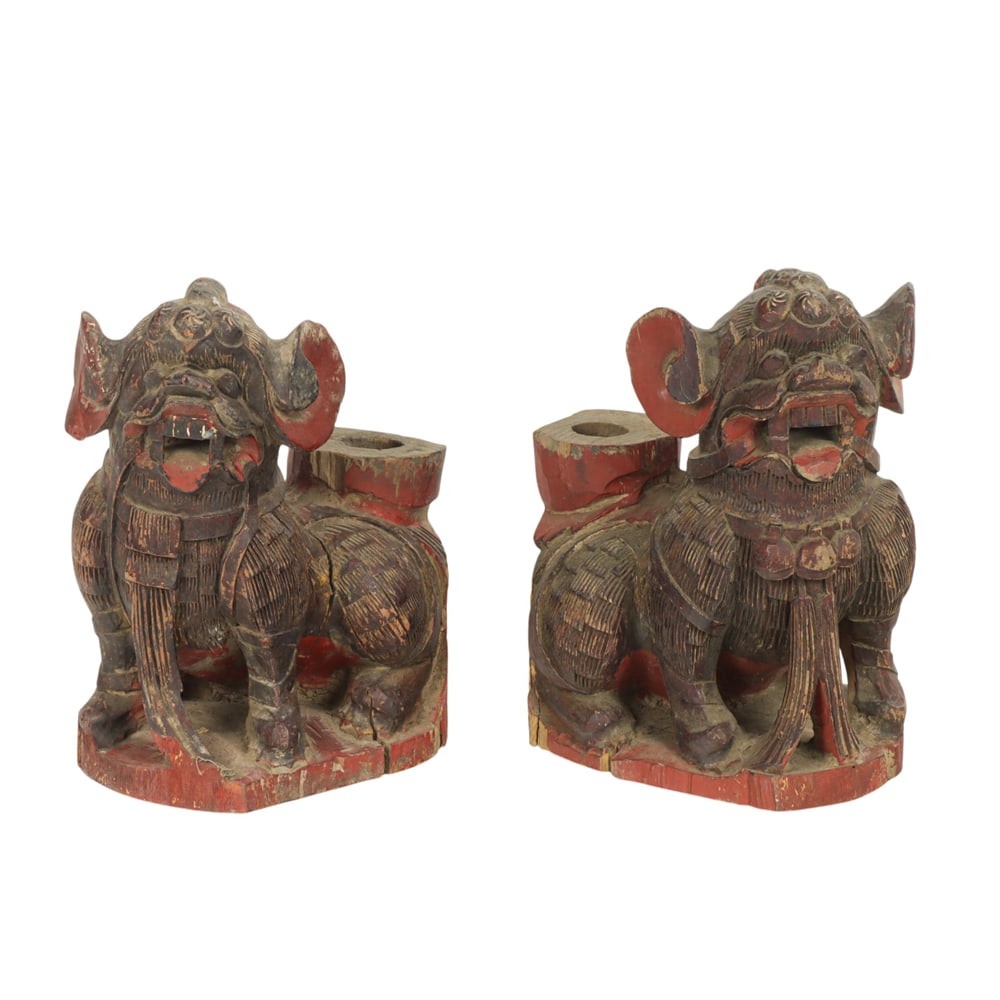 (lot of 2) Chinese painted wood guardian lions (1 of 1)