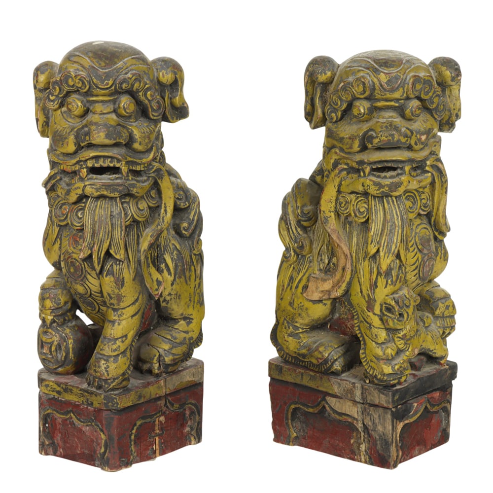 (lot of 2) Chinese painted wood guardian lions (1 of 1)