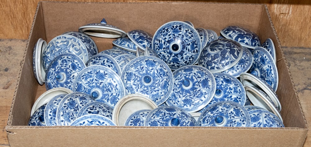 A large group of Chinese blue and white lids: A large group of Chinese blue and white lids. Qing dynasty, 3" wide.