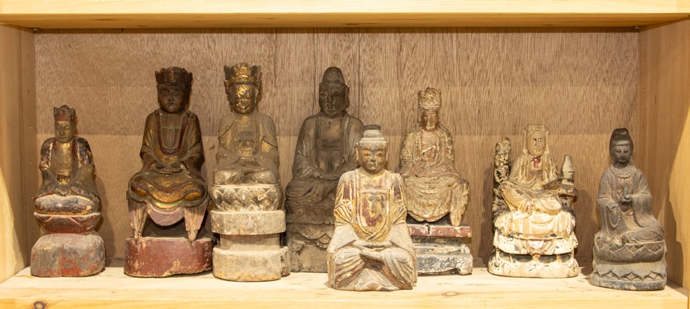 (lot of 8) Chinese wood Buddhist figures: (lot of 8) Chinese wood Buddhist figures. Qing dynasty, from 8" to 11.25" high.