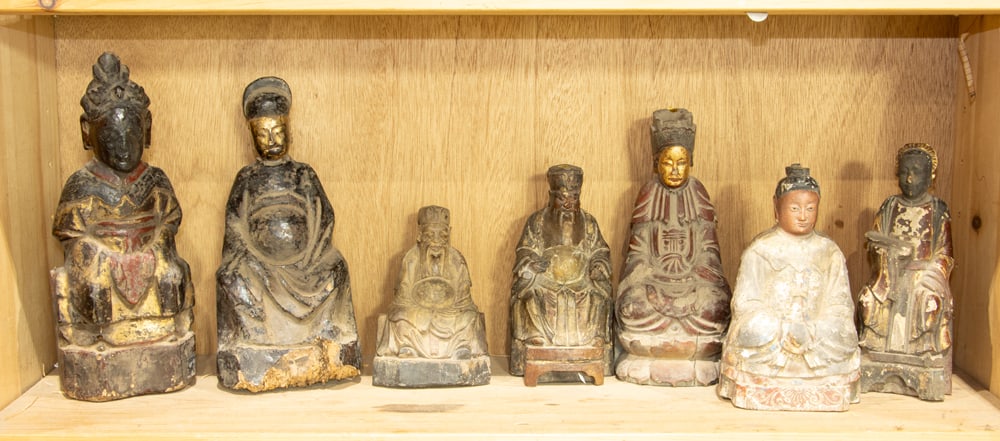 (lot of 7) Chinese painted wood Daoist figures: (lot of 7) Chinese painted wood Daoist figures. Qing dynasty, from 6.5" 12" high.