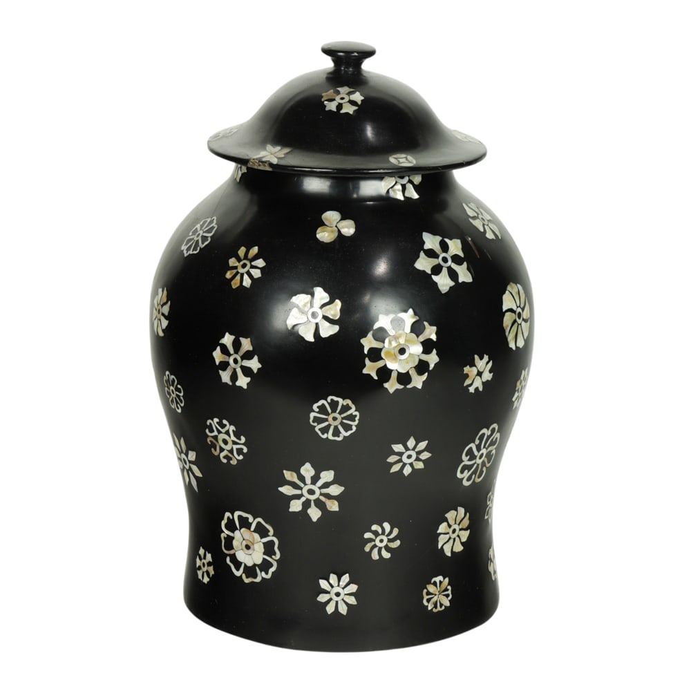 A Chinese mother-of-pearl inlaid lacquered jar: A Chinese mother-of-pearl inlaid lacquered jar. 19th century, 16" high.
