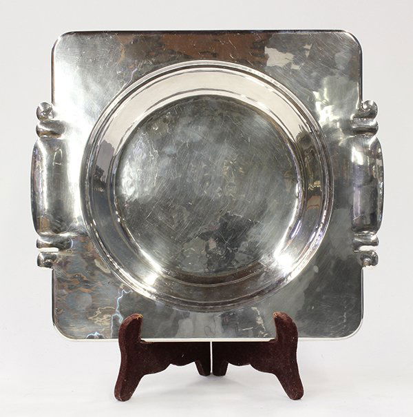 Dirk van Erp Arts and Crafts silverplate center bowl: Dirk van Erp Arts and Crafts silverplate center bowl. The handwrought example with a round, low bowl centering the wide square rim having integral shaped and incised handles. Marked with windmill Hand