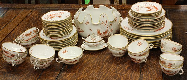 Partial service for 8 of Ginori 'Siena' pattern china: (lot of 21) Partial service for 8 of Ginori 'Siena' pattern china, executed in the the Asian taste, with orange and gilt depictions of roosters among foliage and partial gilt borders, consisting of (8