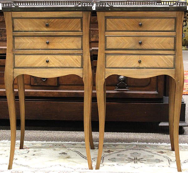 A pair of Louis XVI style side tables: A pair of Louis XVI style side tables, the pierced brass gallery surmounting the captured marble top above highly figured three drawer case accented with string inlay, and rising on cabriole legs term