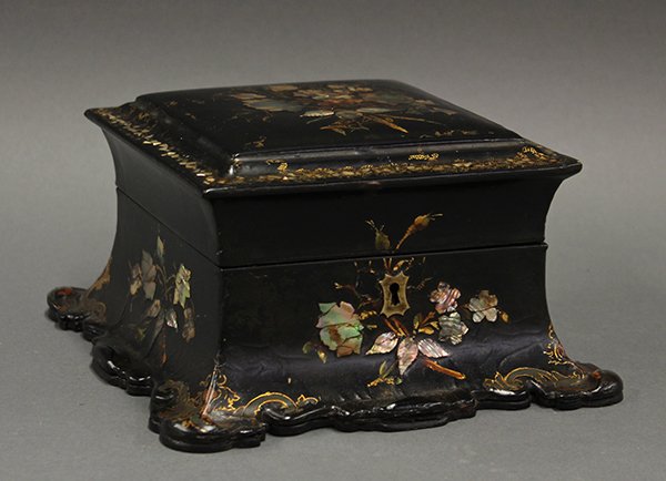 Victorian papier-mache and mother-of-pearl box: Victorian papier-mache and mother-of-pearl box, the black lacquered box having a hinged lid with painted and mother of pearl inlaid accents highlighted with gilt vines, the body of the box having conv