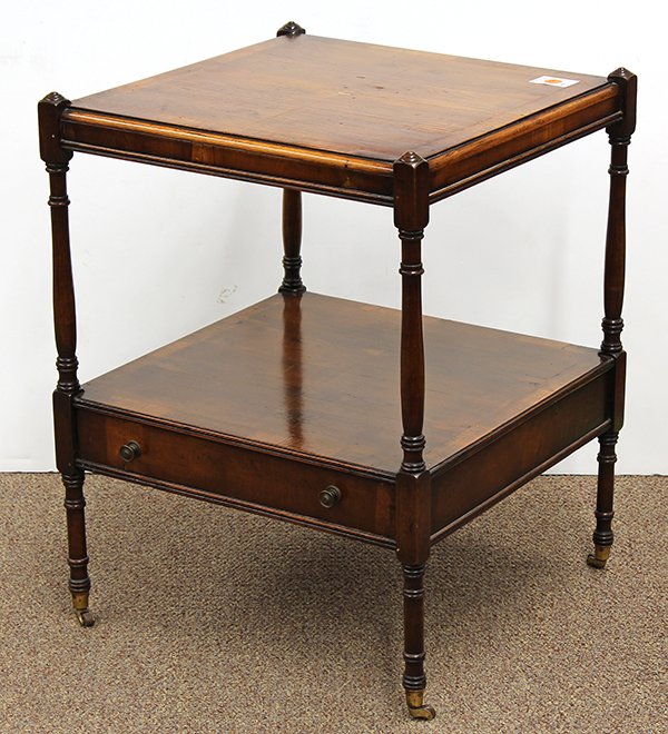 George III style mahogany side table: George III style mahogany side table, England circa 1890, the tiered form with inlaid banding and rising on turned supports conjoining the lower tier having a single drawer and rising on turned legs t