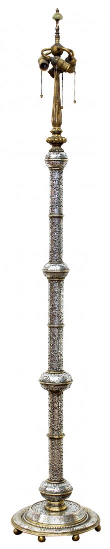 E. F. Caldwell & Co., New York, Floor Lamp: E. F. Caldwell & Co., New York, silvered and pierced floor lamp, early 20th century, the original four socket cluster with acorn pulls above a gilt bronze support continuing to the pierced and silvere