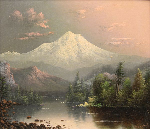 Painting, Eliza Rosanna Lamb Barchus, Mount Hood at: Eliza Rosanna Lamb Barchus (Californian, 1857-1959), Mount Hood at Sunset, oil on board, signed lower right, board: 10"h x 12"w, overall (with frame): 14.5"h x 16"w