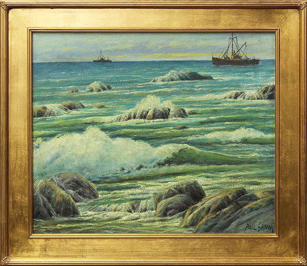 Painting, Paul A. Grimm: Paul A. Grimm (Californian, 1891 - 1974), ''Eterna Pacific,'' 1968, oil on board, signed lower right, signed, titled and dated verso, sight: 19.5''h x 23.25''w, overall (with frame): 25.75''h x 29.5''