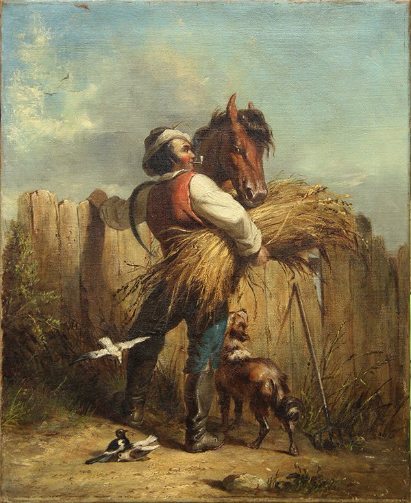 Painting, Attributed to George Moreland: Attributed to George Moreland (British, 1763-1804), Figure Feeding Hay to a Horse, oil on canvas, unsigned, canvas (unframed): 17"h x 14"w. Note: Christie's label affixed verso
