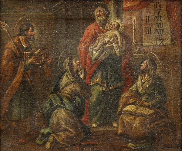 Painting, German School (18th century), Religious Scene: German School (18th century), Religious Genre Scene, oil on canvas, unsigned, canvas: 8.5"h x 10"w, overall (with frame): 12.5"h x 14.25"w