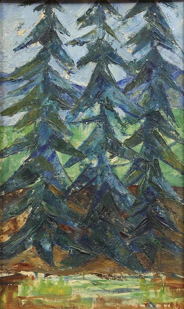 Painting, Mildred Rackley, ''Trees'': Mildred Rackley (Californian, 1906-1992), ''Trees,'' oil on canvas, signed verso, exhibition label affixed verso, canvas: 25.75''h x 15.5''w, overall (with frame): 32.25''h x 22''w. Exhibited: San Fra