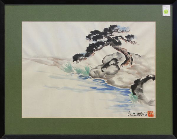 Ink and Color Brush Wash on Paper, Chiura Obata: Chiura Obata (Californian/Japanese, 1885-1975), Tree and Rocks by a Stream, ink and color wash brush on paper, signed and stamped lower right, sight: 16"h x 22"w, overall (with frame): 23"h x 29"w