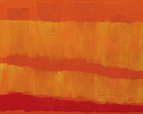 Mixed Media Painting, Italo Valenti: Italo Valenti (Italian, 1912-1995), "T.N. 154," 1969, oil and mixed media on canvas, signed lower right, signed, dated and titled (numbered) verso, canvas: 48"h x 60"w, overall (with frame): 49.25"h x