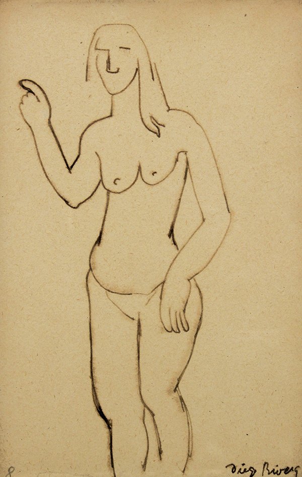 Drawing, Diego Rivera, Standing Female Nude: Diego Rivera (Mexican, 1886-1957), Standing Female Nude, 1920-1921, graphite on paper, pencil signed lower right, sight: 7.5"h x 5"w, overall (with frame): 14"h x 11.25"w. Accompanied by pages from "D