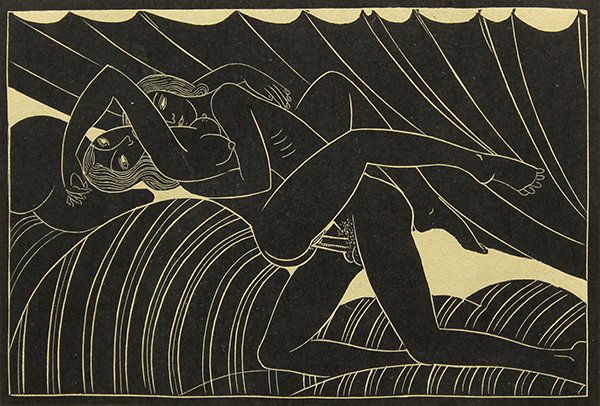 Print, Eric Gill, Lovers in Tent: Eric Gill (British, 1882-1940), "Lovers in Tent," 1929, woodcut, pencil initialed lower left, titled center, and dated lower right, sight: 12"h x 9"w, overall (with frame): 13.25"h x 10.25"w