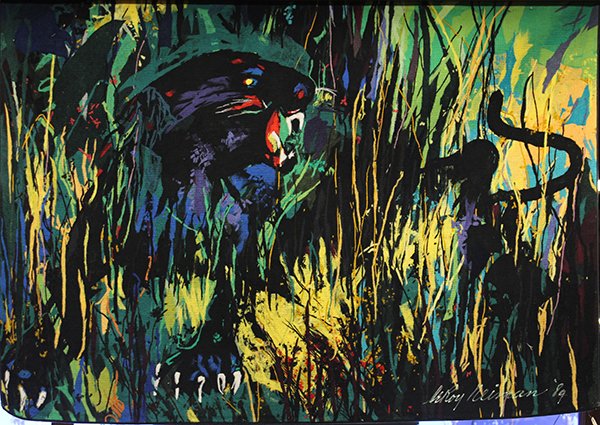 Tapestry, LeRoy Neiman, Black Panther: LeRoy Neiman (American, 1921-2012), "Black Panther," 1989 soft art, felted wool tapestry, published by Art Renaissance Technology, New York, NY, copyright LeRoy Neiman Inc., overall: 59.5"h x 84"w