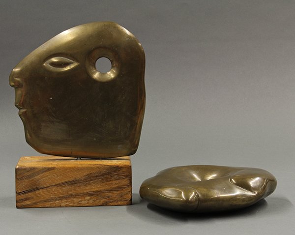 (lot of 2) Modernist Sculptures: (lot of 2) Continental School (20th century), Modernist Face and Rabbit, bronze sculptures, unsigned, one mounted on wood base, overalls: 12.25"h x 8.5"w x 3.5"d/7.75"h x 9"w x 2.5"d