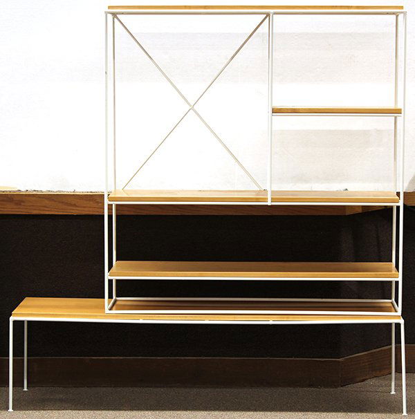 Paul McCobb for Planner Group two-part room divider: Paul McCobb for Planner Group two-part room divider, circa 1950, executed in maple and white enameled steel having four shelves with a large display area, 64.5"h x 62.5"w x 16"d.