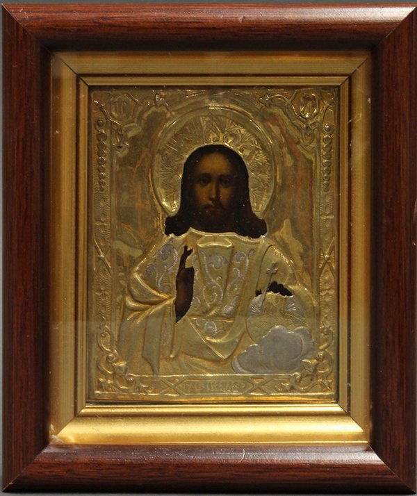 Russian icon of Jesus: Russian icon of Jesus, 19th century, executed in oil on wood with silver gilt pierced 'oklad' having etched ornamentation and repoussé integral frame, in later wooden frame with glazing, 6.25"h x 5.2